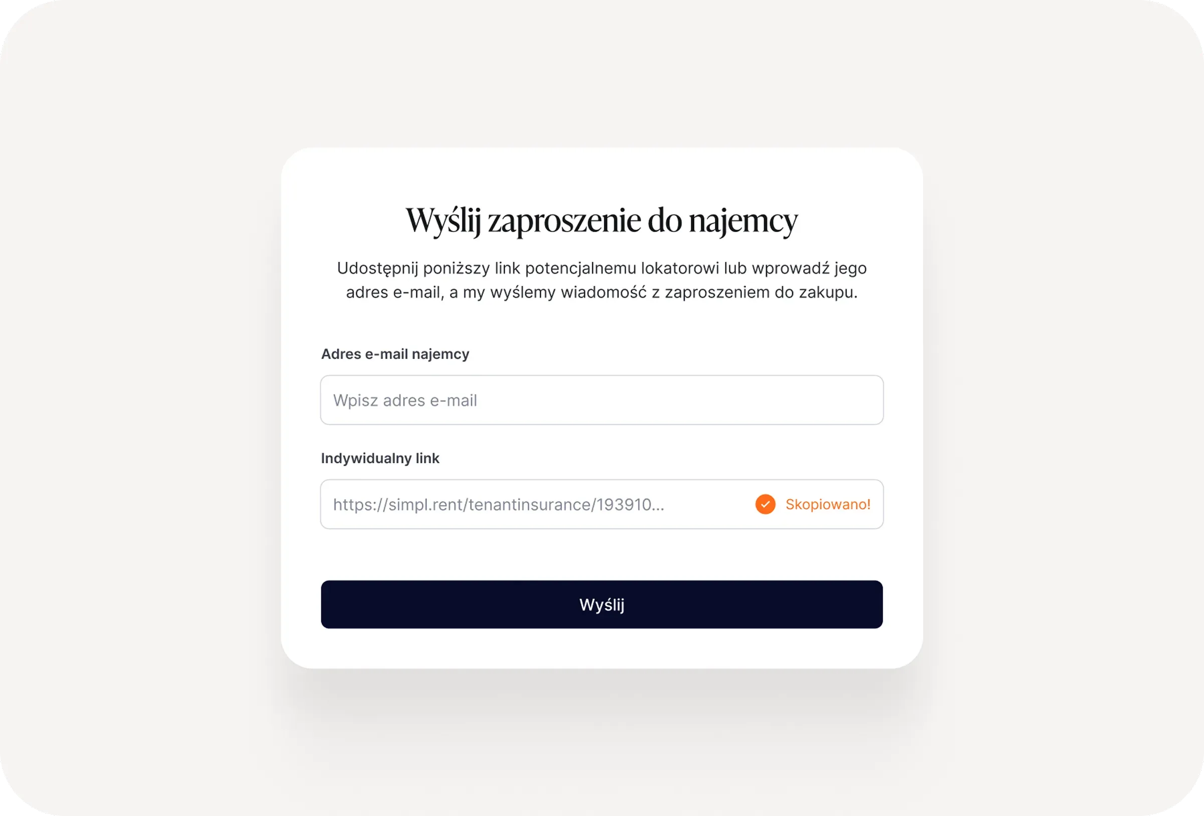 Formularz zaproszenia najemcy do zakupu ubezpieczenia z polem e-mail, unikalnym linkiem i przyciskiem „Wyślij"